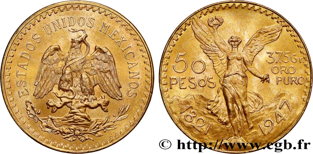 GOLD, PALLADIUM & PLATINUM INVESTMENT 50 Pesos or 1947 Mexico AU 