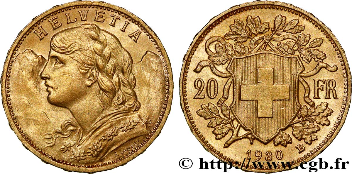 OR, PALLADIUM ET PLATINE INVESTISSEMENT 20 Francs  Vreneli  1930 Berne SUP 