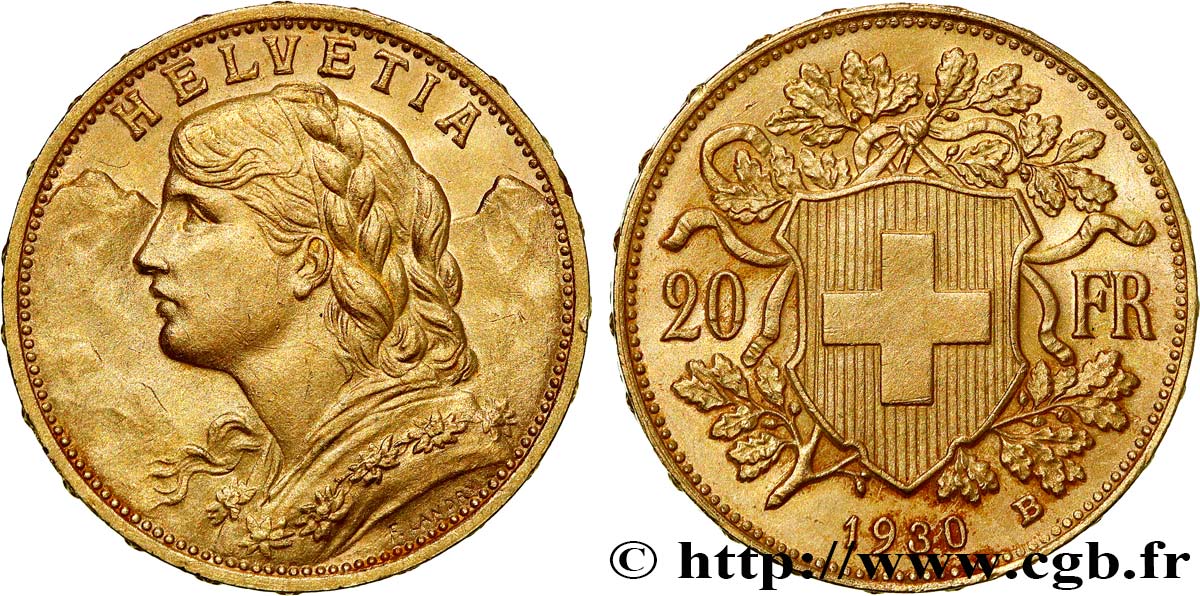 INVESTMENT GOLD 20 Francs  Vreneli  1930 Berne EBC 