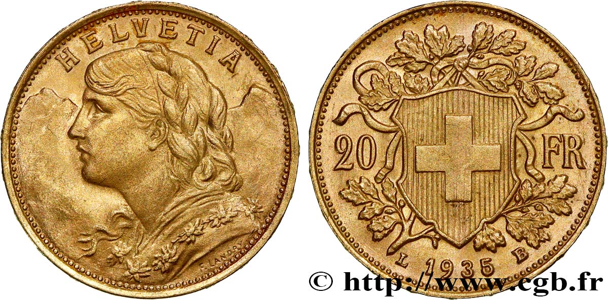 GOLD, PALLADIUM & PLATINUM INVESTMENT 20 Francs &nbsp;Vreneli&nbsp;  1935 Berne AU 