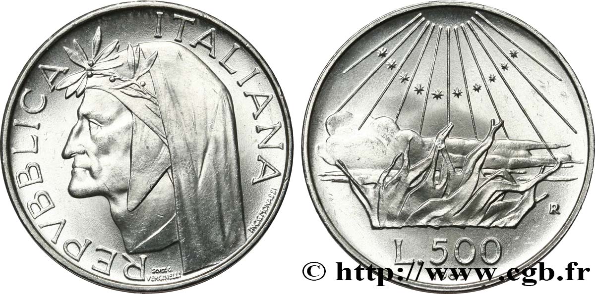 ITALY 500 Lire 700e anniversaire de la naissance de Dante Alighieri / l’Enfer 1965 Rome AU 