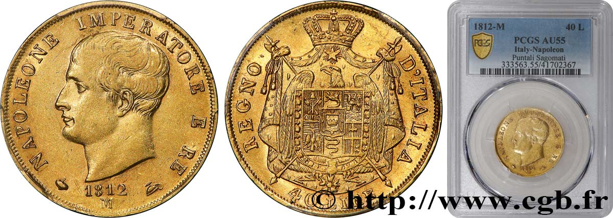 ITALY - KINGDOM OF ITALY - NAPOLEON I 40 Lire 1812 Milan AU55 PCGS
