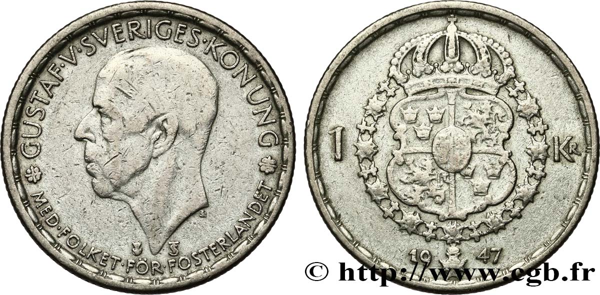 SWEDEN 1 Krona Gustave V 1947  VF 