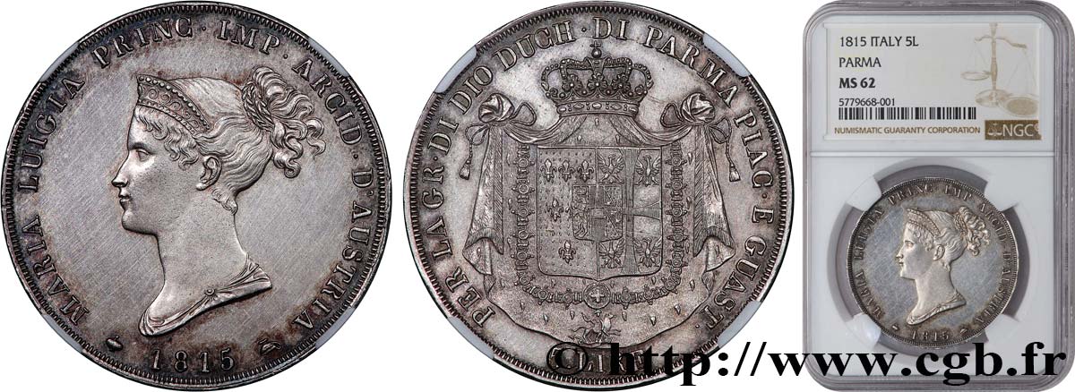 ITALY - DUCHY OF PARMA DE PIACENZA AND GUASTALLA - MARIE-LOUISE OF AUSTRIA 5 Lire 1815 Milan MS62 NGC
