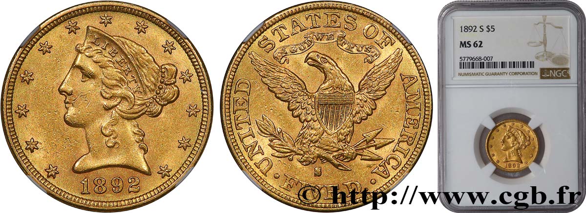 ÉTATS-UNIS D AMÉRIQUE 5 Dollars  Liberty  1892 San Francisco MS62 NGC