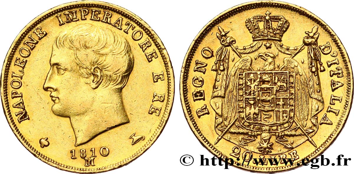 ITALY - KINGDOM OF ITALY - NAPOLEON I 20 Lire 1810 Milan XF/AU 