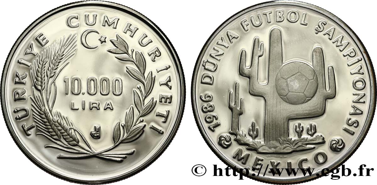 TURQUIE 10.000 Lira Proof Coupe du Monde de Football Mexico 1986 1986  SPL 