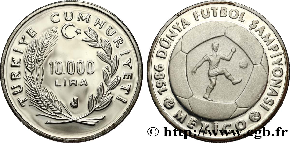 TÜRKEI 10.000 Lira Proof Coupe du Monde de Football Mexico 1986 1986  fST 