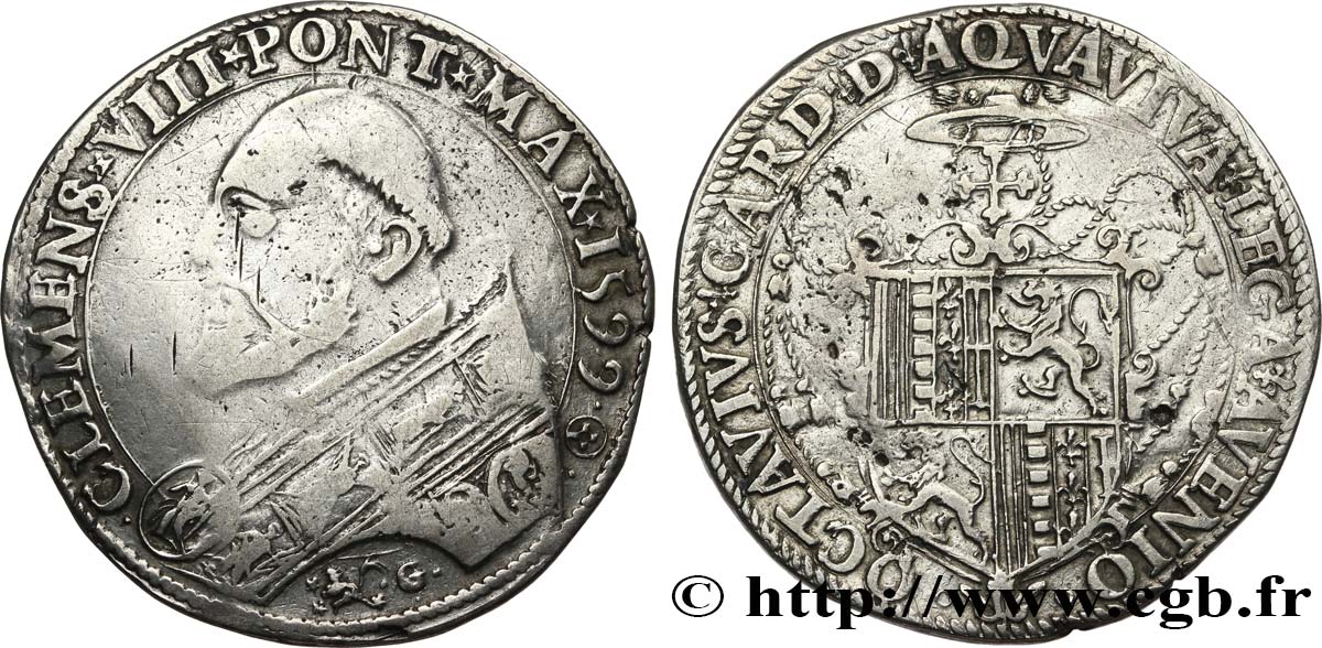 ITALY - PAPAL STATES - CLEMENT VIII (Ippolito Aldobrandini) Piastre  1599 Rome XF/VF 