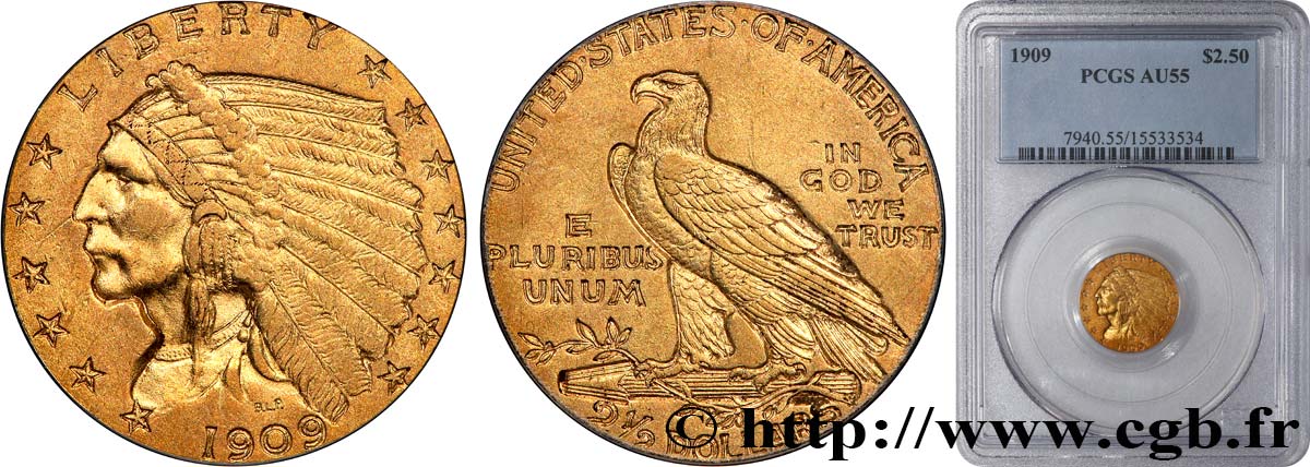 UNITED STATES OF AMERICA 2 1/2 Dollars or (Quarter Eagle) type “tête d’indien”  1909 Philadelphie AU55 PCGS