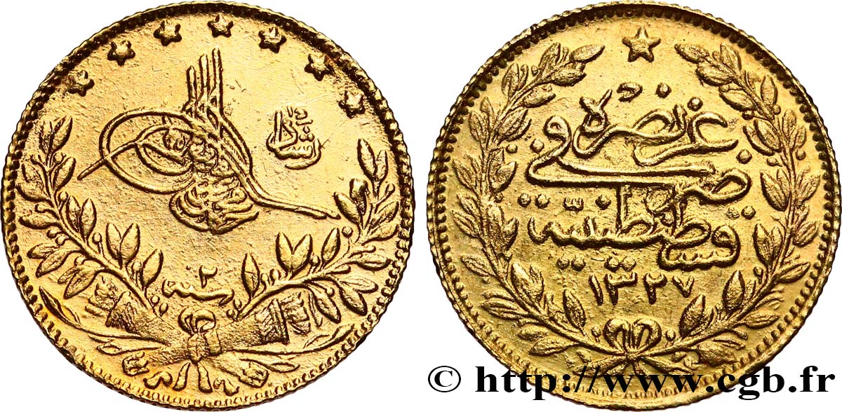 TÜRKEI 50 Kurush Sultan Mohammed V Resat AH 1327 An 2 (1910) Constantinople SS 