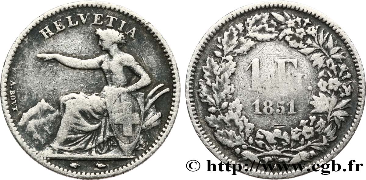SWITZERLAND 1 Franc Helvetia assise 1851 Paris VF 