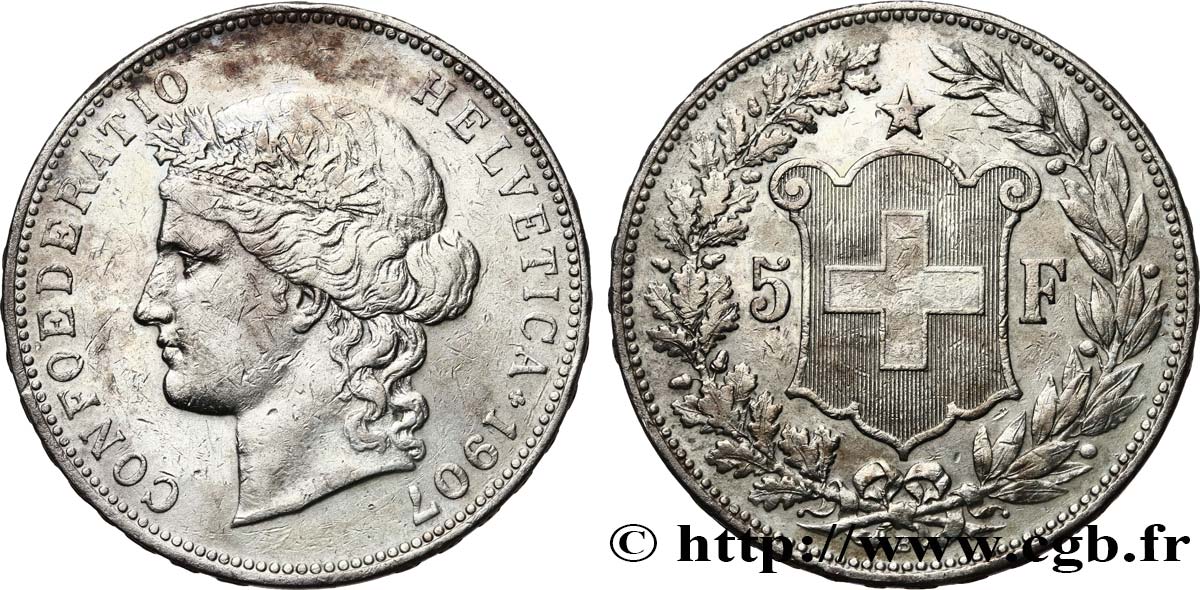 SWITZERLAND 5 Francs Helvetia 1907 Berne VF 