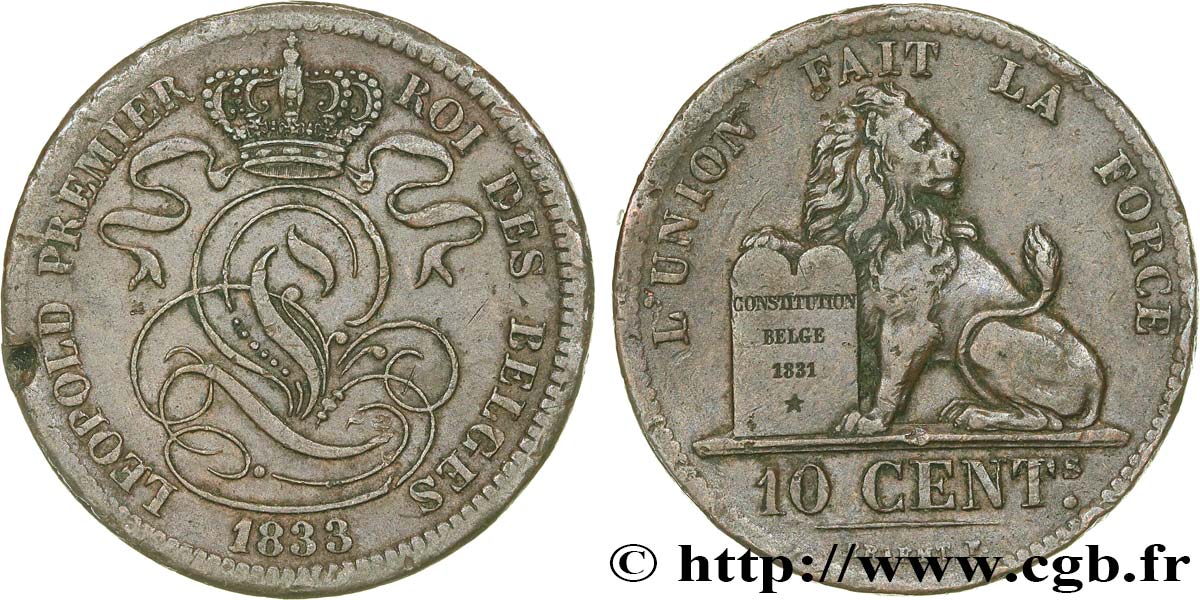 BELGIQUE 10 Centimes lion 1833  TB+ 