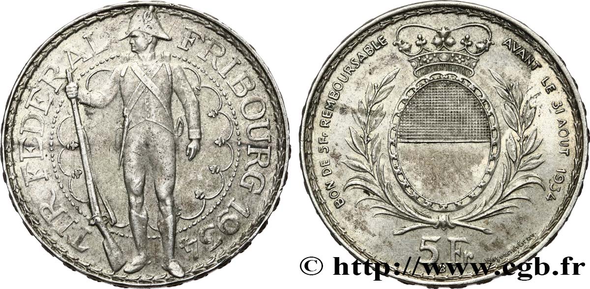 SCHWEIZ 5 Francs, monnaie de Tir, Fribourg 1934 Le Locle SS 