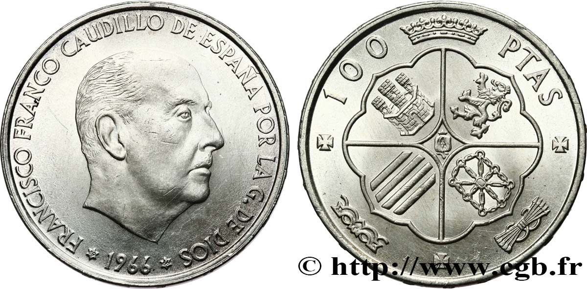 SPAGNA 100 Pesetas Francisco Franco (1966 dans les étoiles) 1966 Madrid q.SPL 