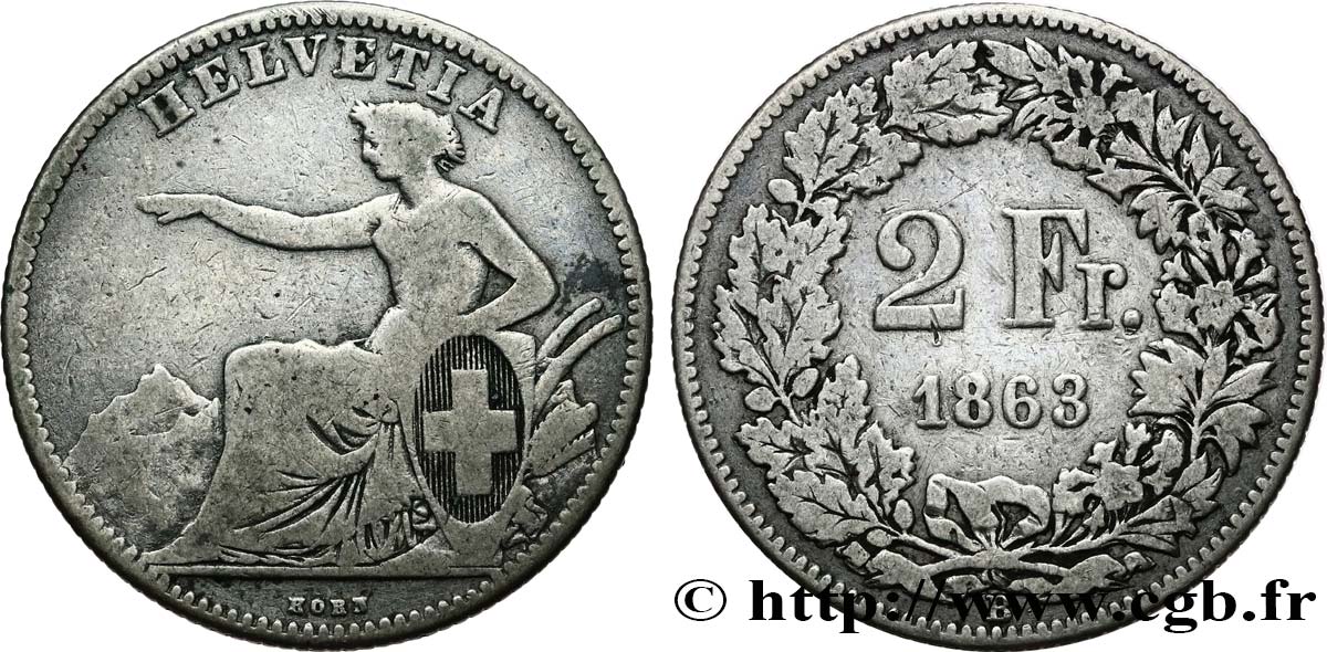 SUISSE 2 Francs Helvetia 1863 Berne B+ 