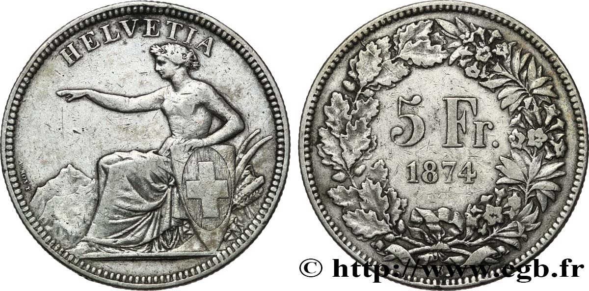 SWITZERLAND 5 Francs Helvetia assise 1874 Bruxelles VF 