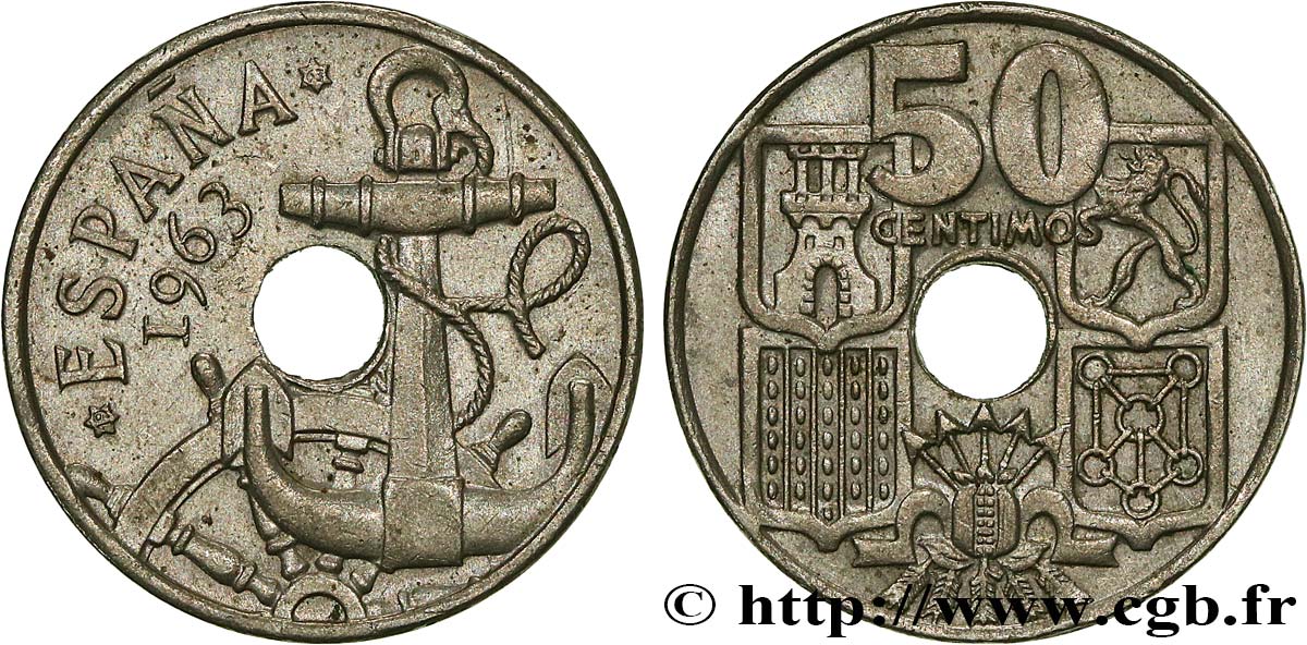 ESPAGNE 50 Centimos Ancre flèches vers le haut 1963 Madrid SUP 