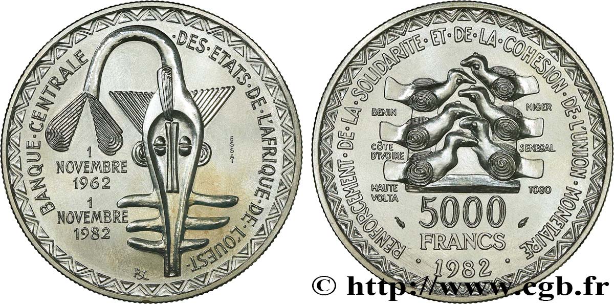 ÉTATS DE L&nbsp;AFRIQUE DE L&nbsp;OUEST (BCEAO) Essai 5000 Francs masque 1982 Paris SUP 