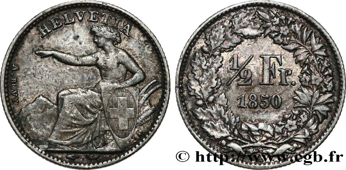 SWITZERLAND 1/2 Franc Helvetia 1850 Paris VF/VF 