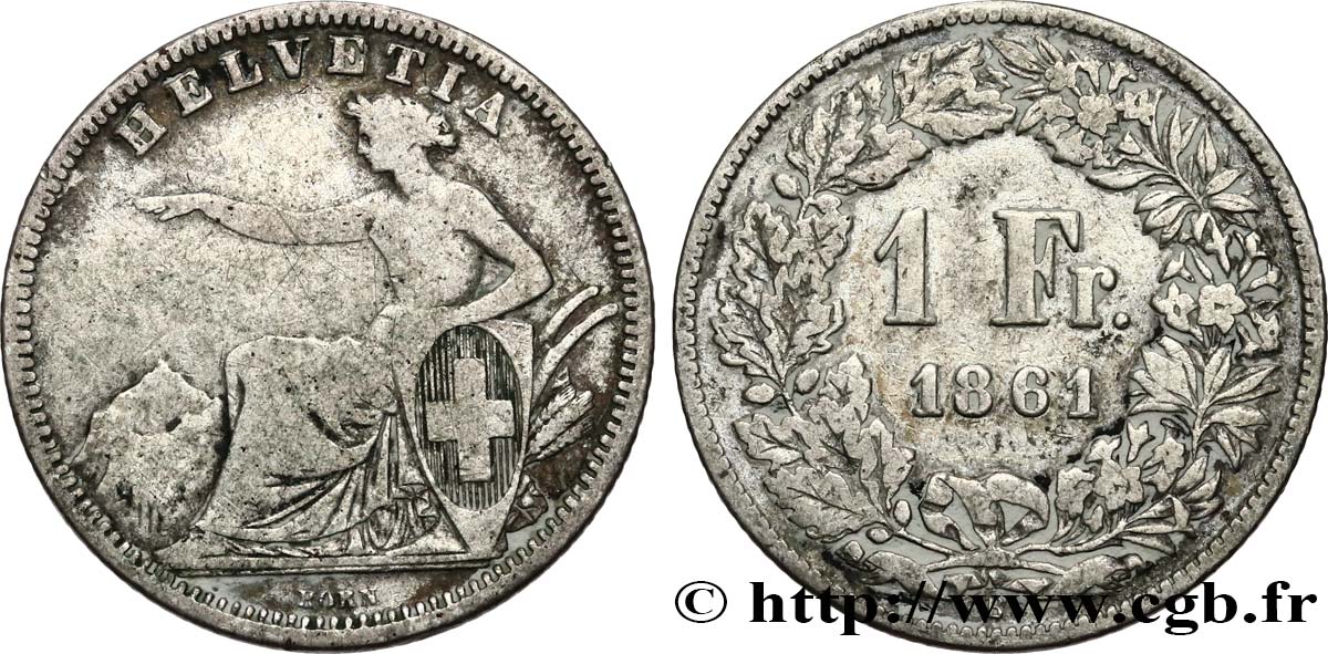 SWITZERLAND 1 Franc Helvetia assise 1861 Berne F/VF 