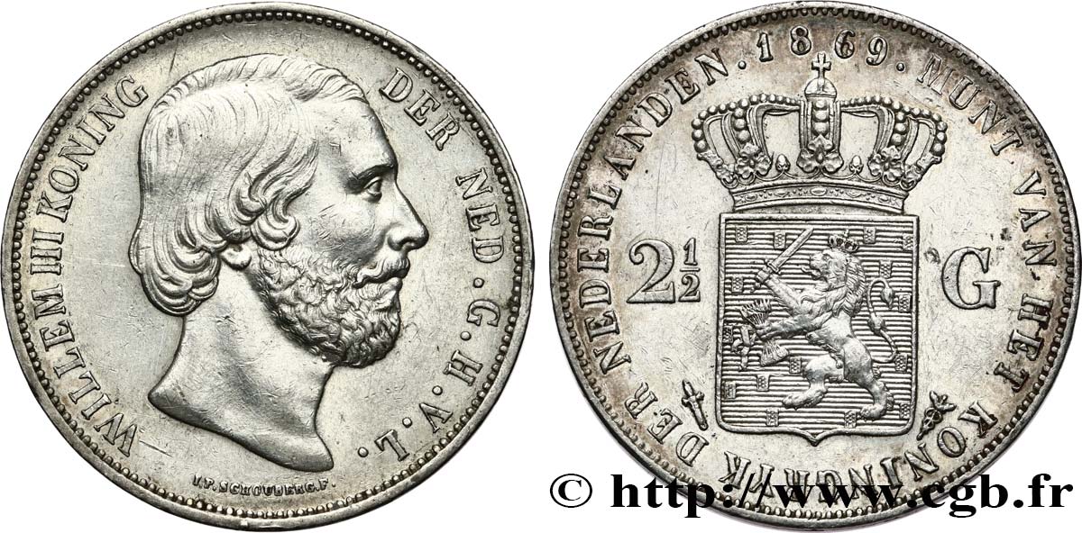 PAYS-BAS 2 1/2 Gulden Guillaume III 1869 Utrecht TTB 