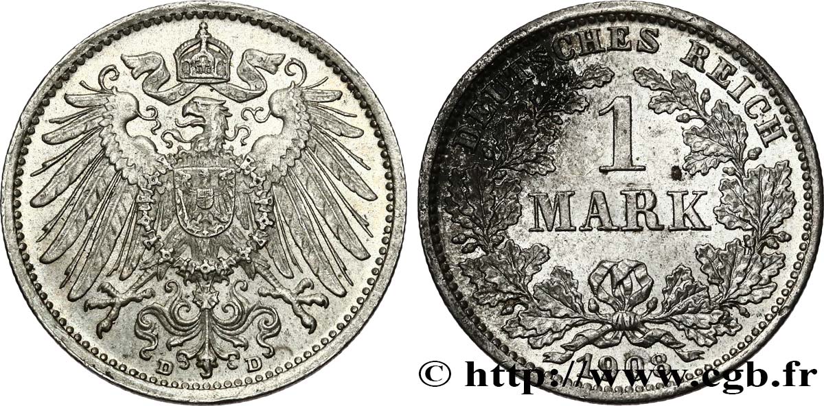ALEMANIA 1 Mark Empire aigle impérial 2e type 1908 Munich MBC+ 