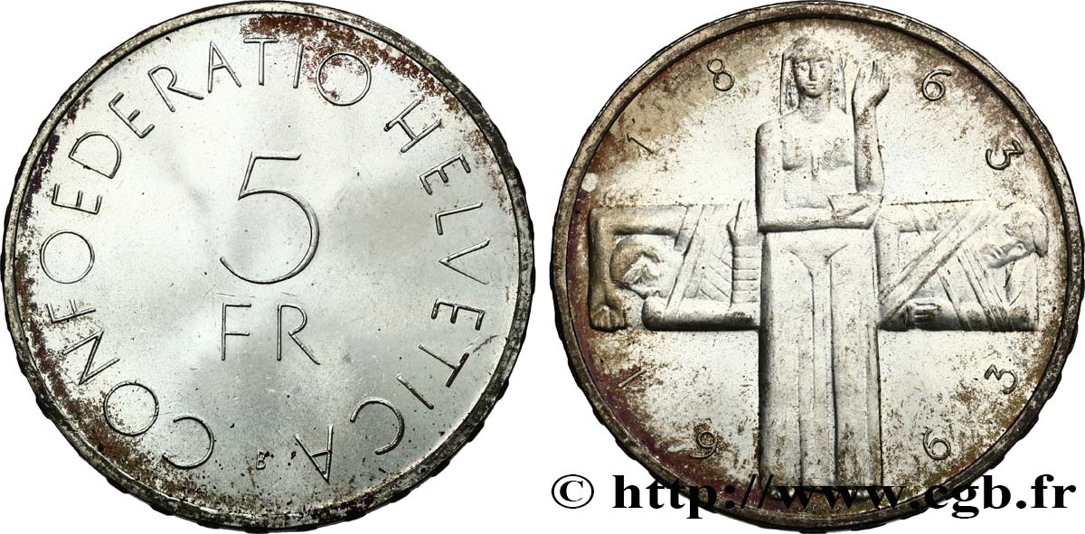 SVIZZERA  5 Francs centenaire de la Croix Rouge 1963 Berne  SPL 