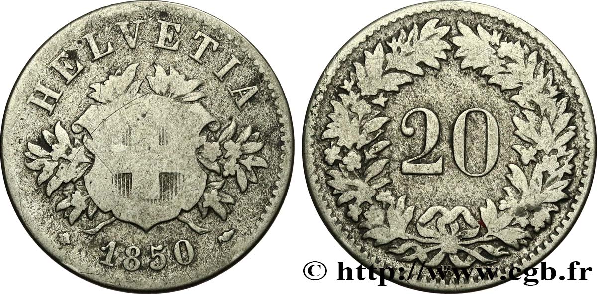 SVIZZERA  20 Centimes (Rappen) 1850 Strasbourg - BB MB 
