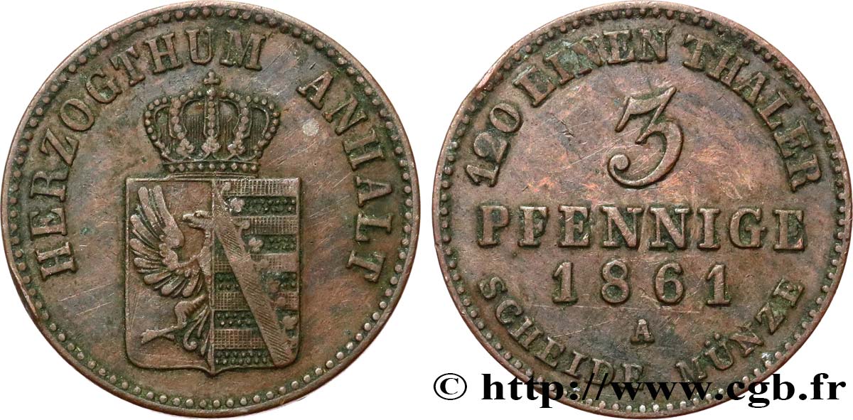 ALEMANIA - ANHALT 3 Pfennige 1861 Berlin MBC 
