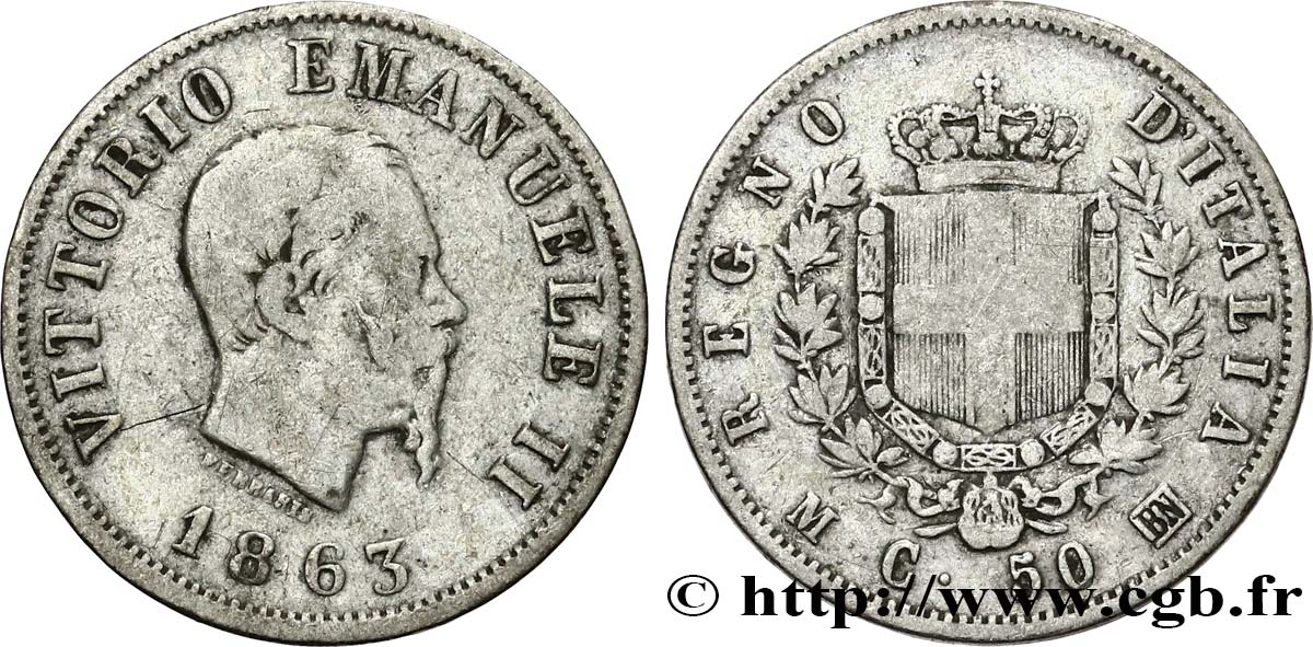 ITALIE 50 Centesimi Victor Emmanuel II type à l’écu 1863 Milan TB 