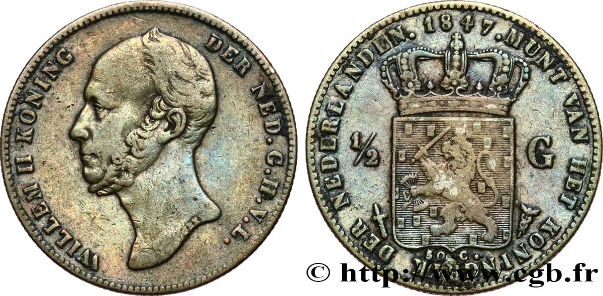 NETHERLANDS 1/2 Gulden Guillaume II 1847 Utrecht XF 