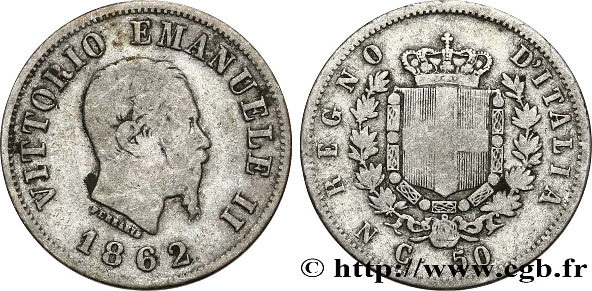 ITALY 50 Centesimi Victor Emmanuel II 1862 Naples VF 