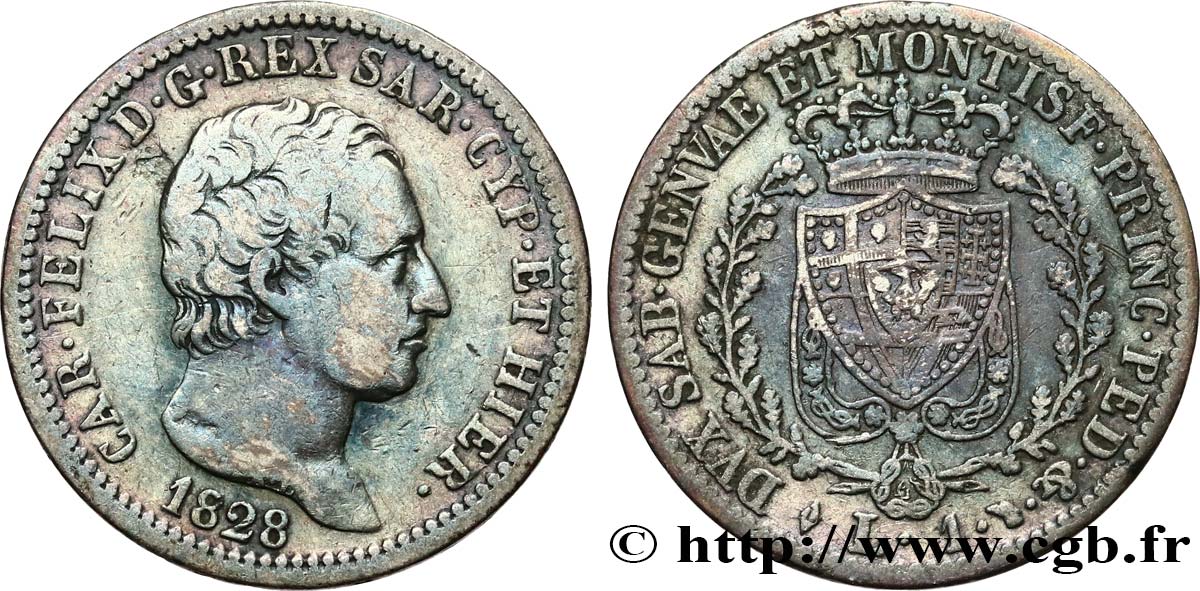 ITALY - KINGDOM OF SARDINIA 1 Lire Charles-Félix 1828 Turin VF/XF 