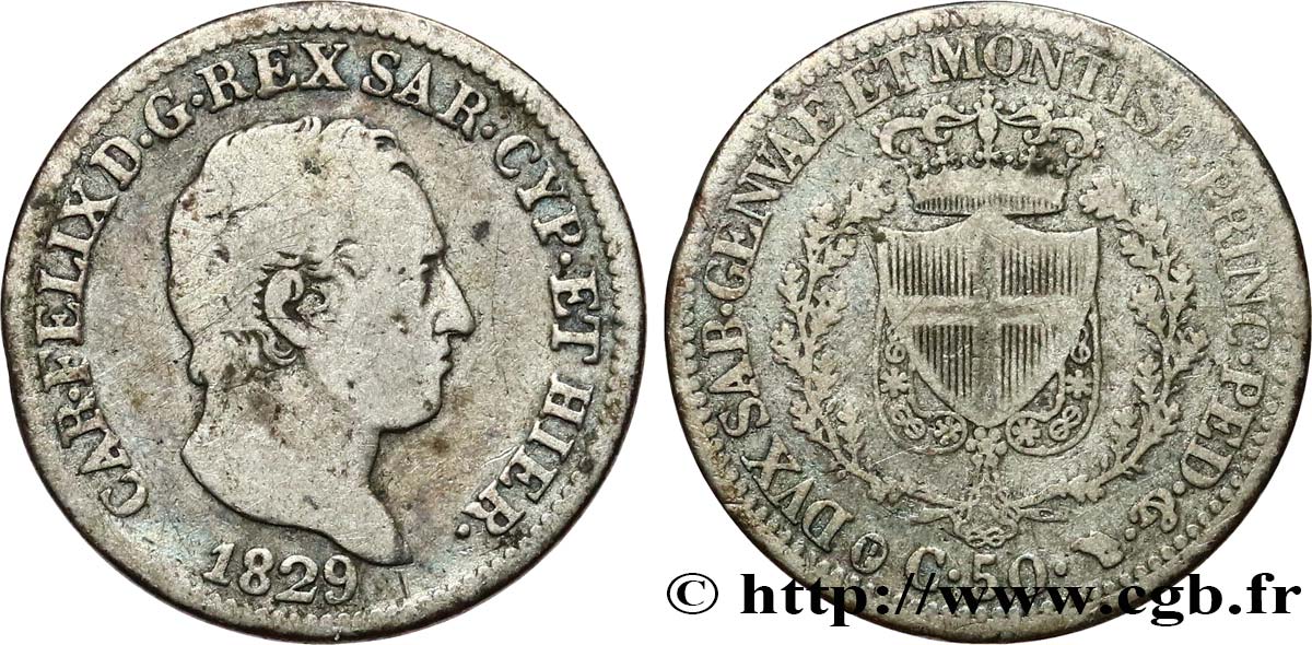 ITALY - KINGDOM OF SARDINIA 50 Centesimi Charles-Félix 1829 Turin VF 