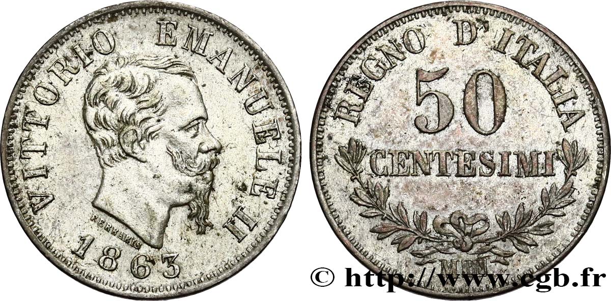 ITALIE 50 Centesimi Victor Emmanuel II 1863 Milan TTB 