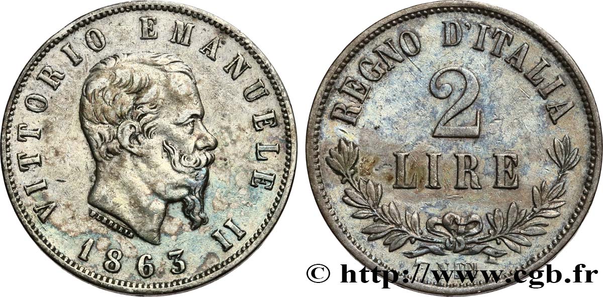 ITALY - KINGDOM OF ITALY - VICTOR-EMMANUEL II 2 Lire 1863 Naples XF 