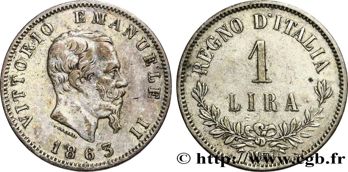 ITALIA 1 Lire Victor Emmanuel II 1863 Milan BB 