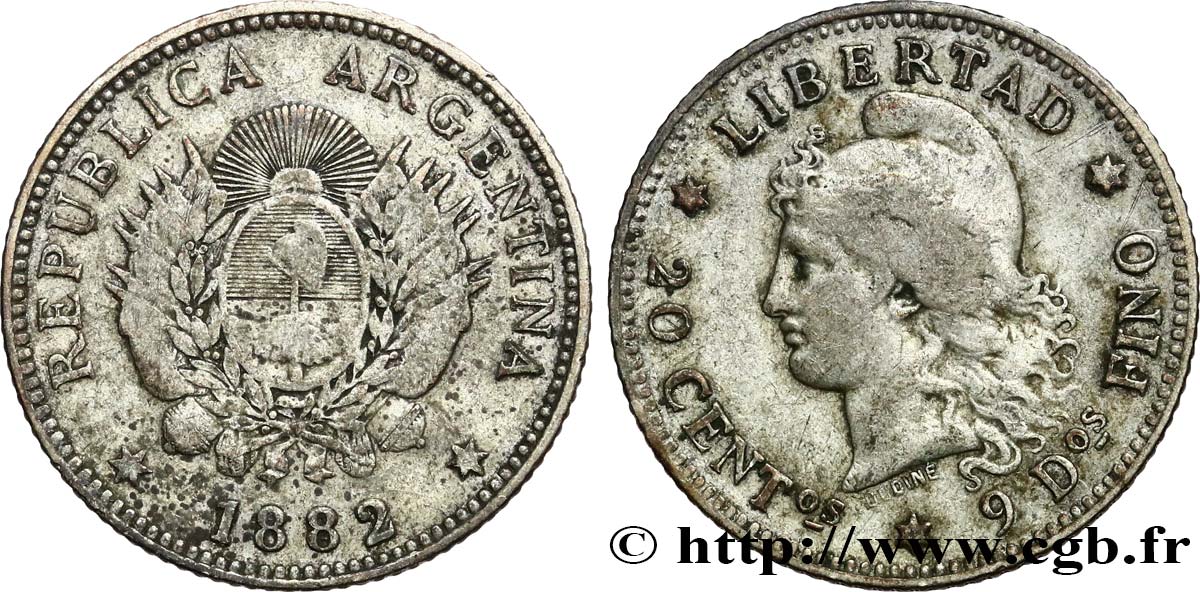ARGENTINA 20 Centavos 1882  MBC/BC+ 