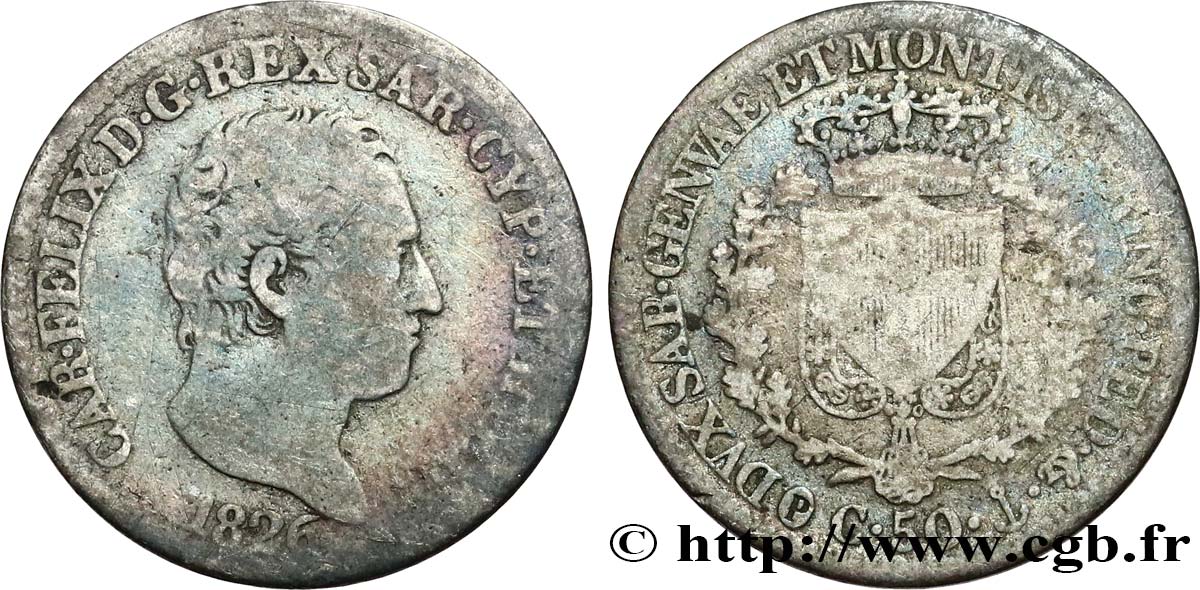 ITALY - KINGDOM OF SARDINIA 50 Centesimi Charles-Félix 1826 Gênes VF 