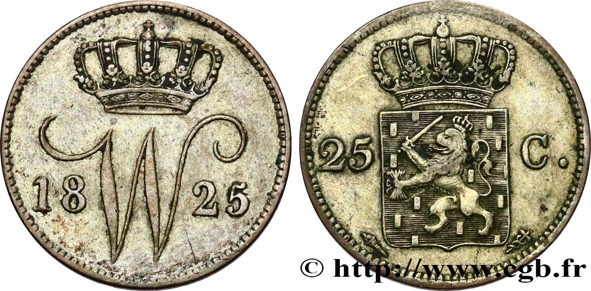 NETHERLANDS 25 Cents Guillaume Ier 1825 Utrecht XF 