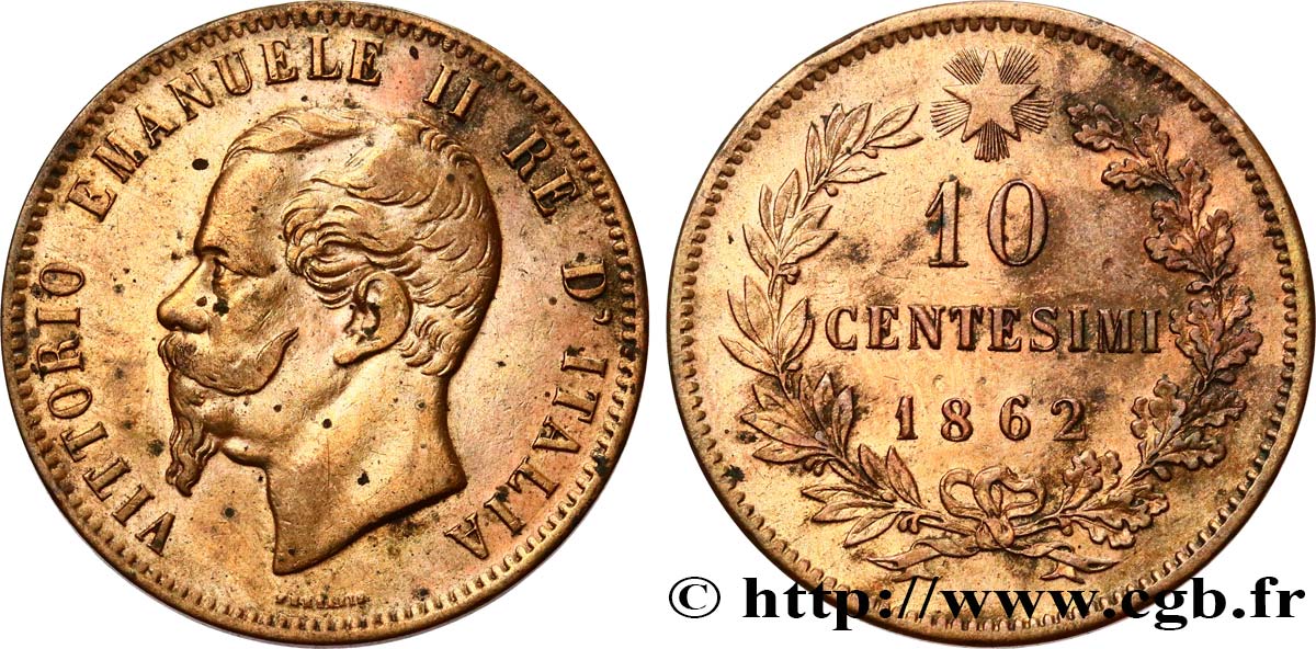 ITALY 10 Centesimi Victor Emmanuel II 1862  XF 