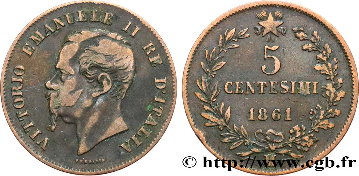 ITALIE 5 Centesimi Victor Emmanuel II 1861 Milan TB+ 