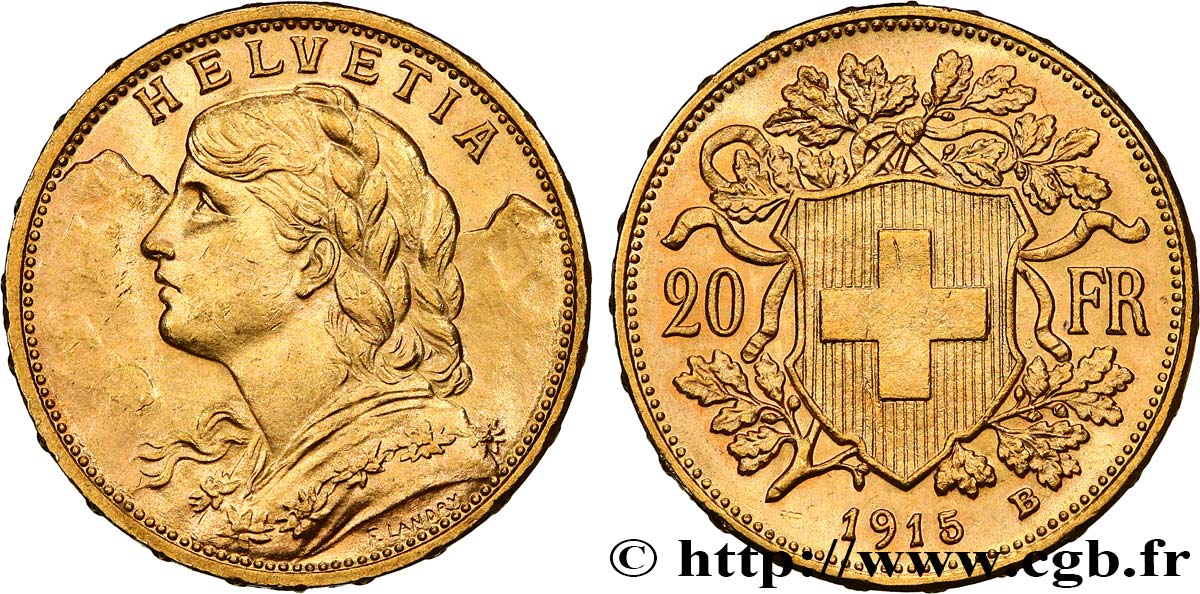 INVESTMENT GOLD 20 Francs  Vreneli   1915 Berne EBC 