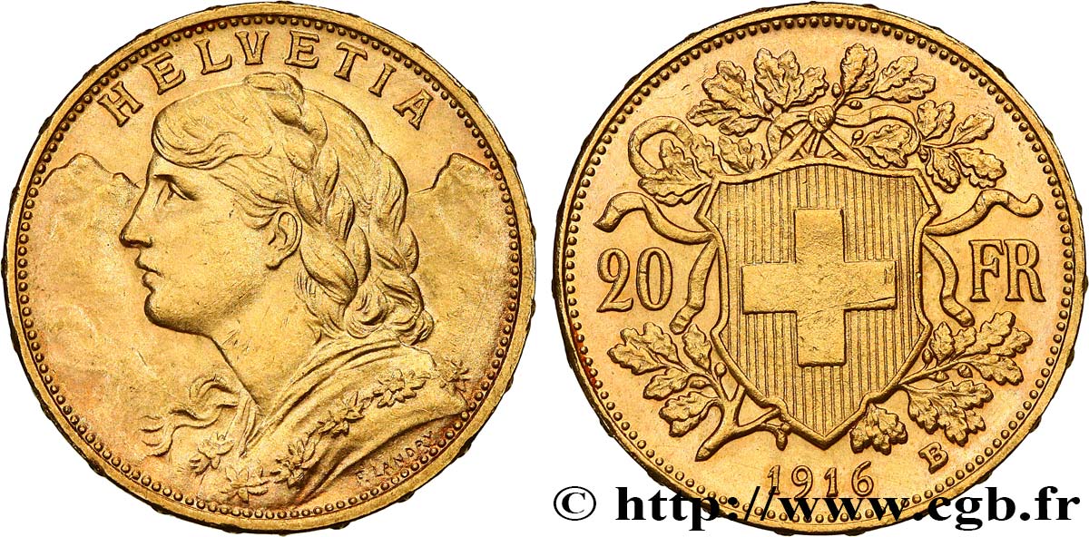 INVESTMENT GOLD 20 Francs or  Vreneli   1916 Berne AU 