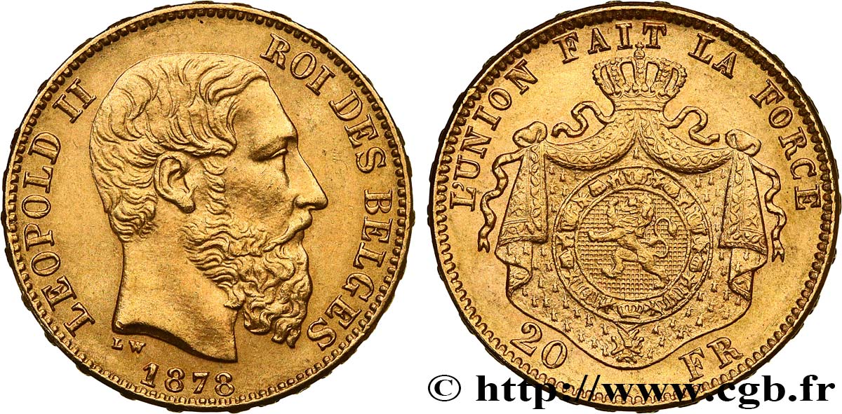 INVESTMENT GOLD 20 Francs or Léopold II 1878 Bruxelles VZ 