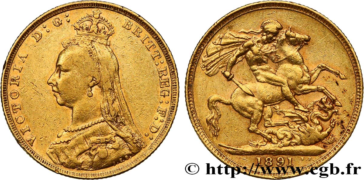 INVESTMENT GOLD 1 Souverain Victoria buste du jubilé 1891 Londres BC+/MBC 