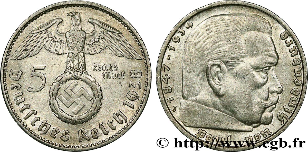 ALLEMAGNE 5 Reichsmark Maréchal Paul von Hindenburg 1938 Hambourg TTB+ 
