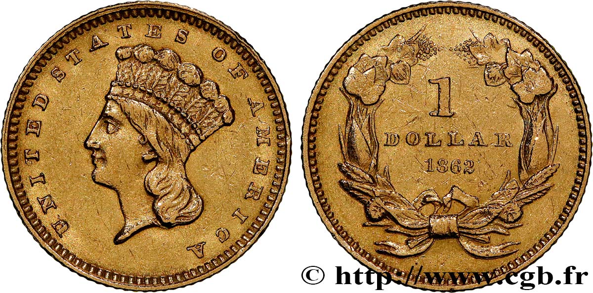 ÉTATS-UNIS D AMÉRIQUE 1 Dollar ”Indian Princess”, tête large 1862 Philadelphie TTB 
